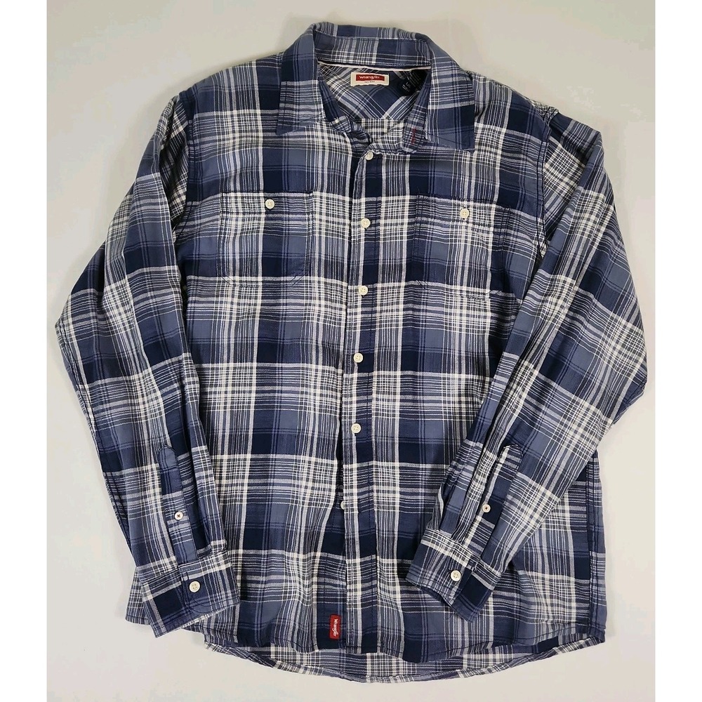 Wrangler Mens Flannel Shirt L/G Blue Plaid Long Sleeve Button Up Cotton